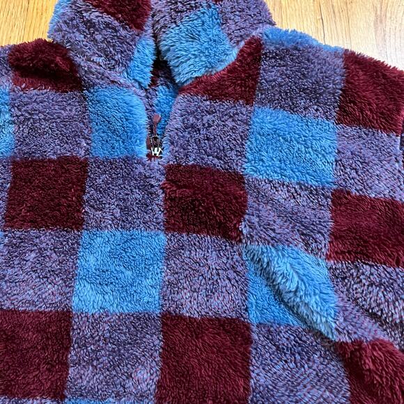 Eddie Bauer Fleece Womens Large Ultra Soft Plush Plaid Quarter Zip Blue Maroon - Picture 2 of 9